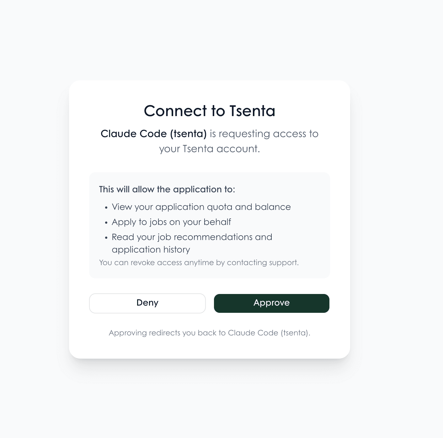Tsenta OAuth approval screen showing the requested permissions and Approve / Deny buttons.