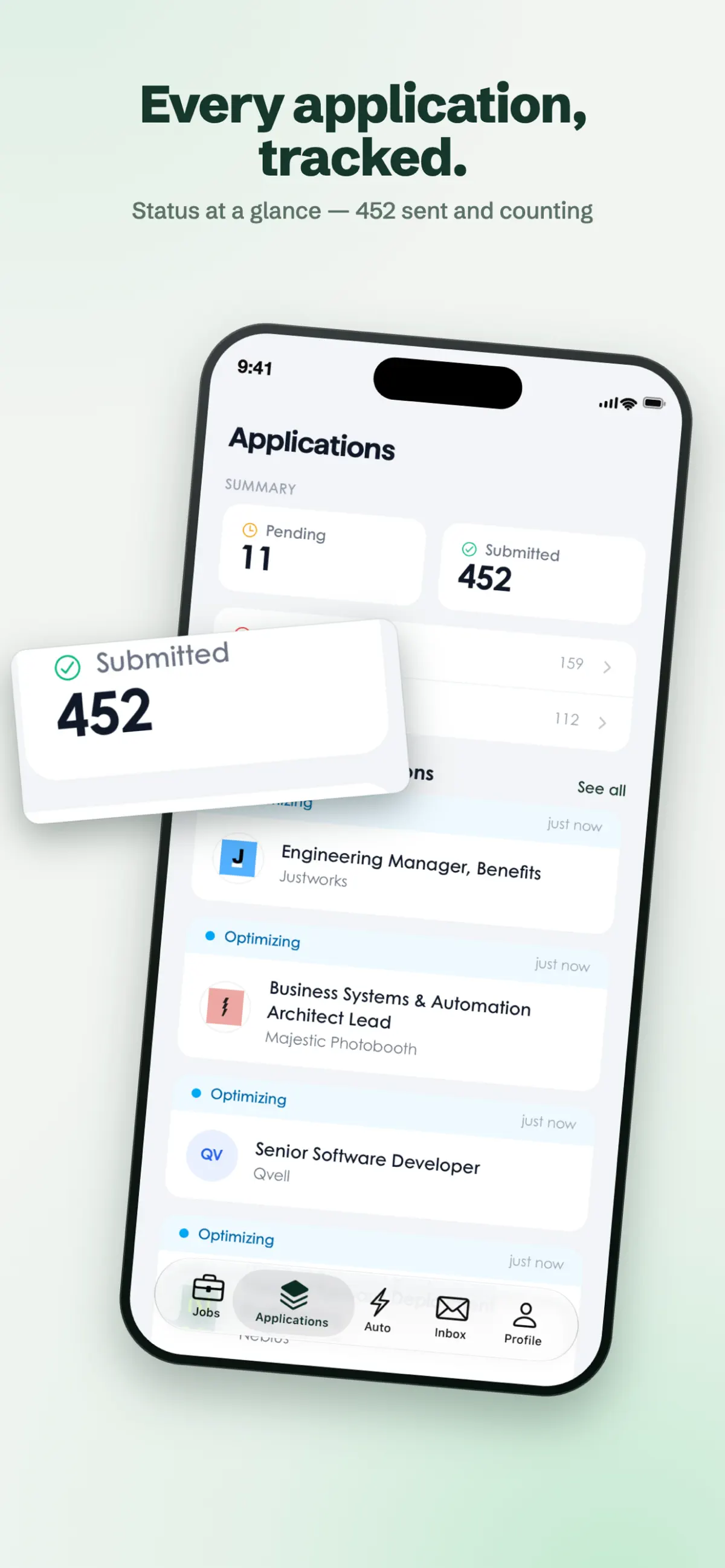 Tsenta mobile application tracker showing pending and submitted jobs