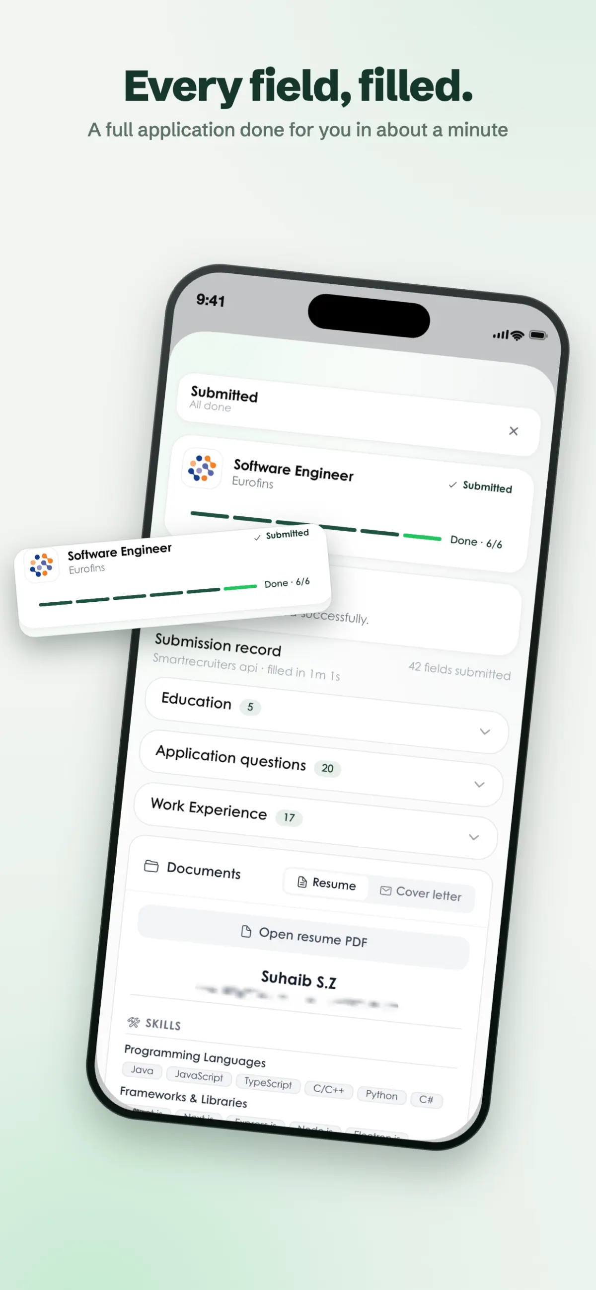 Tsenta mobile submission record showing a completed application and its submitted fields