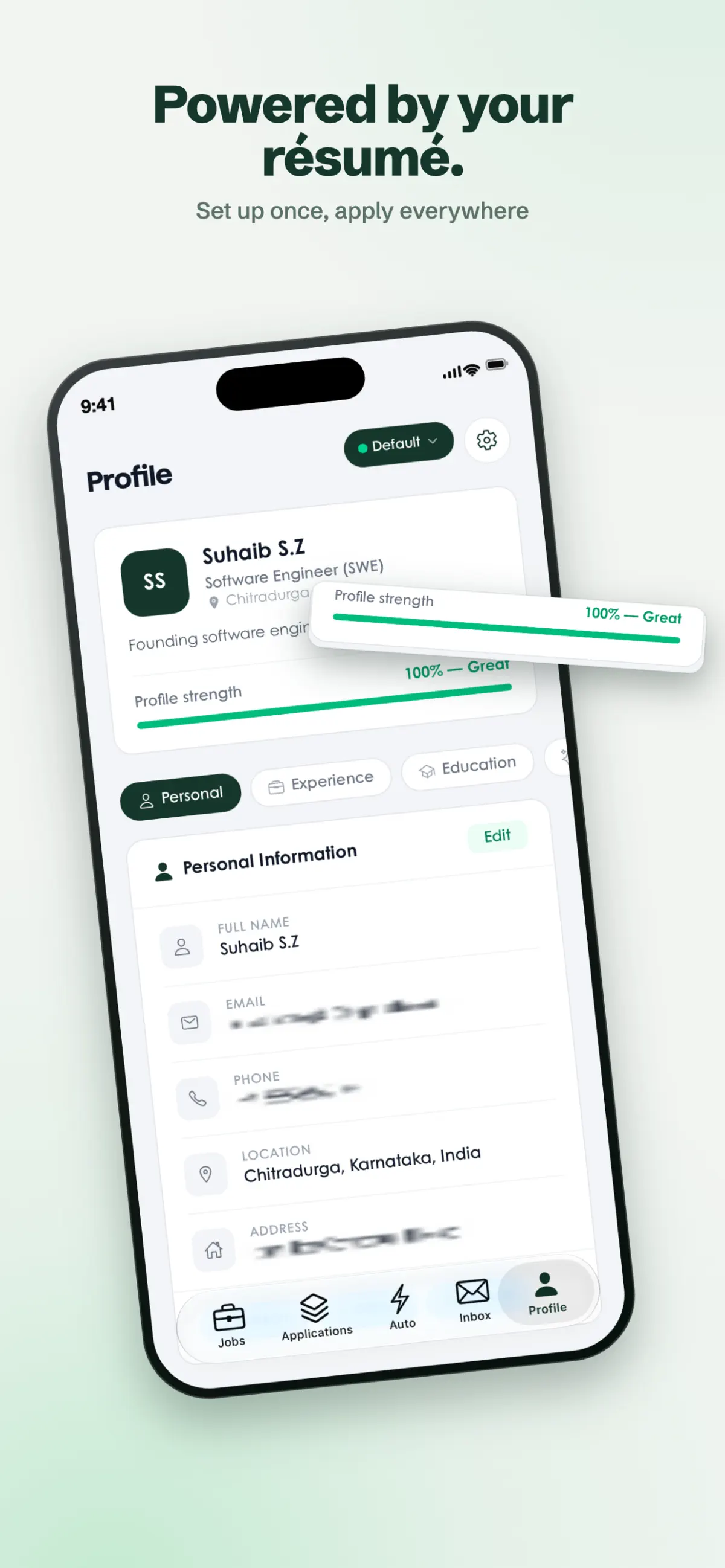 Tsenta mobile résumé profile showing profile strength and editable application details