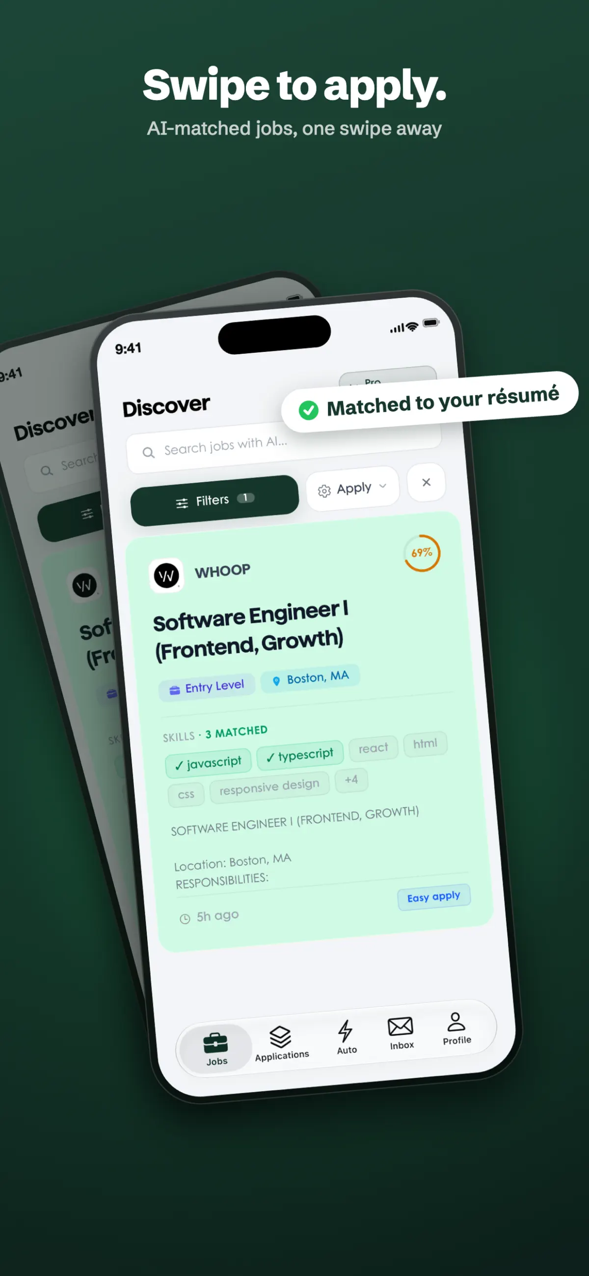 Tsenta mobile job feed showing an AI-matched software engineering role ready to swipe and apply
