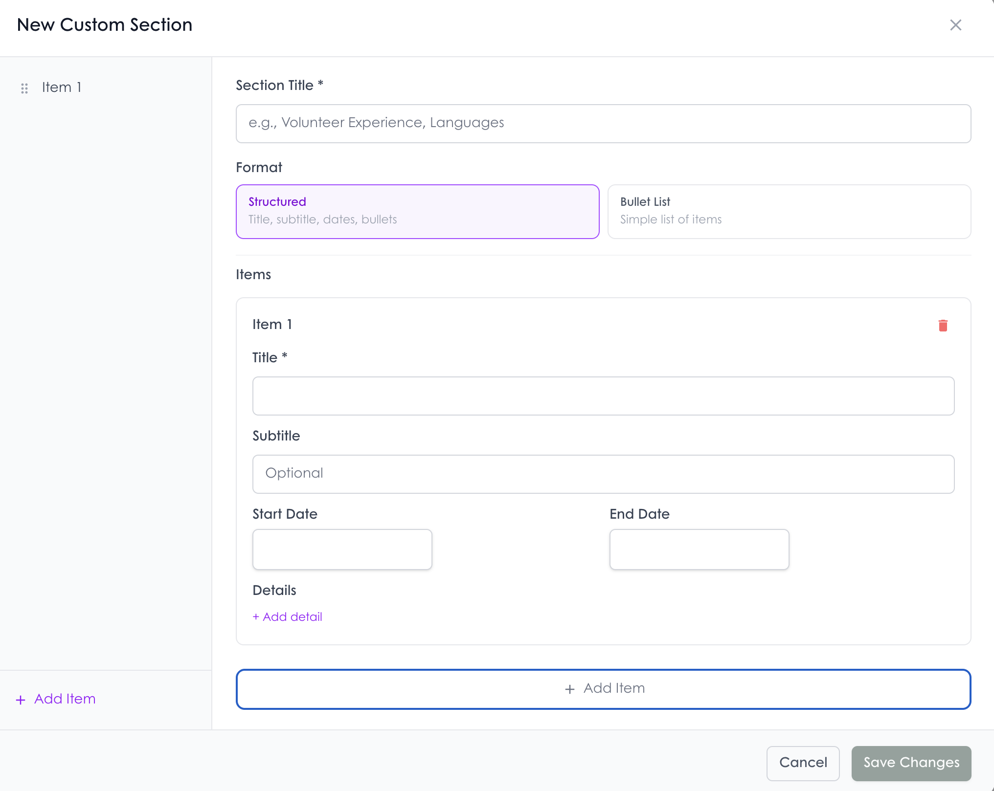 New Custom Section dialog with structured format options