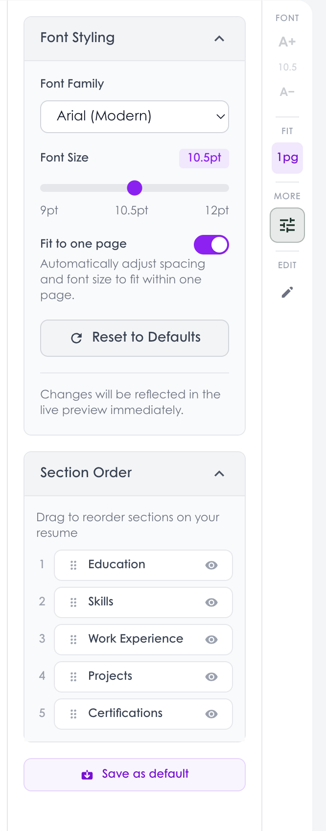 Fit to one page toggle in Font Styling panel