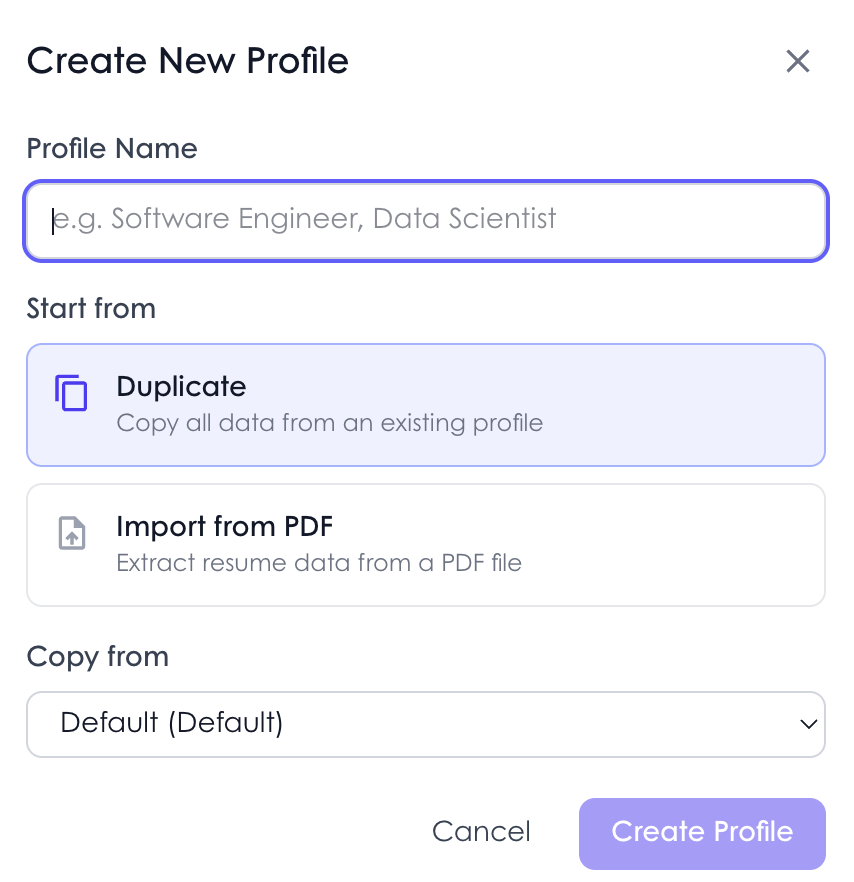 Create a new profile by duplicating or importing from PDF