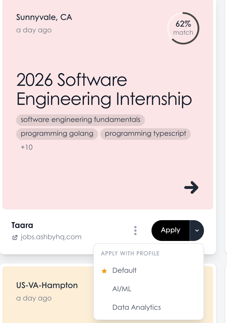 Apply with different profiles — choose Default, AI/ML, Data Analytics, and more